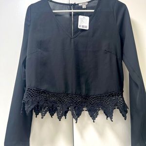 Women’s new ecote black long sleeve blouse with crochet detail on bottom size XS